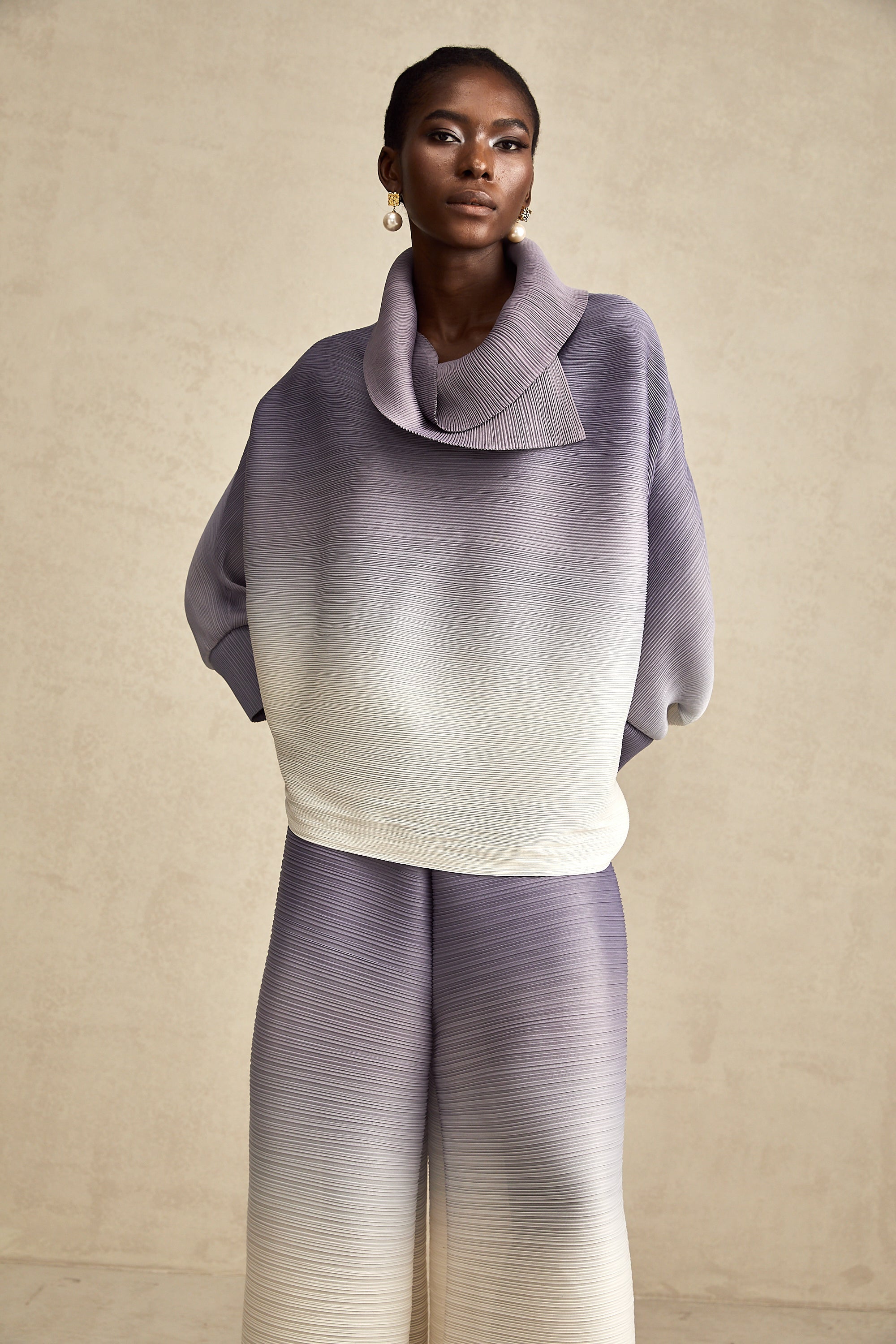 Agathe Purple Gradient Wrinkled Blouse and Trousers Coordinated Set