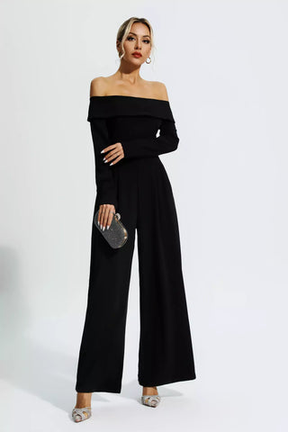 Black Off-Shoulder Drape Jumpsuit by Cassidy