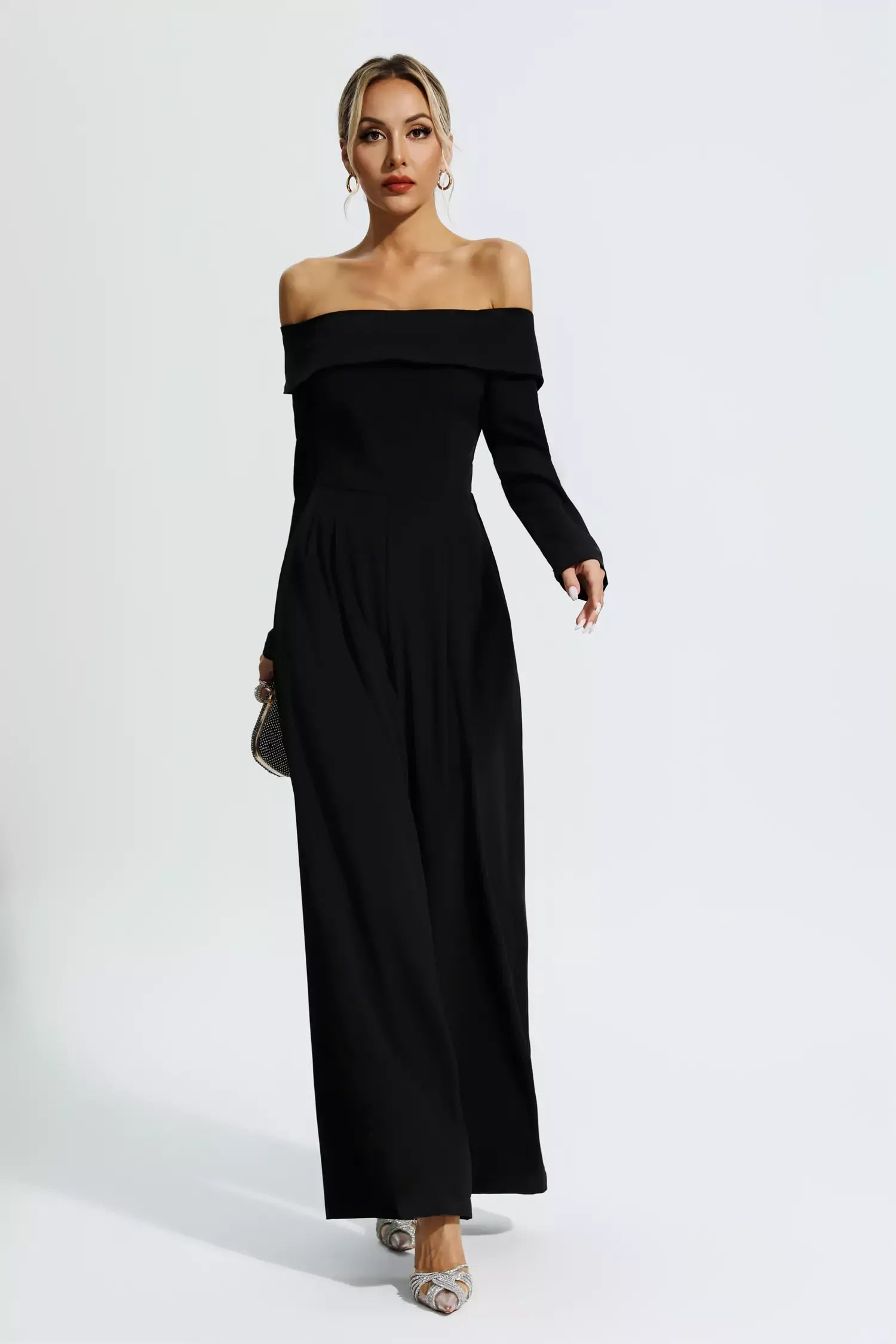 Black Off-Shoulder Drape Jumpsuit by Cassidy