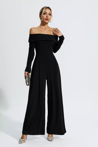 Black Off-Shoulder Drape Jumpsuit by Cassidy