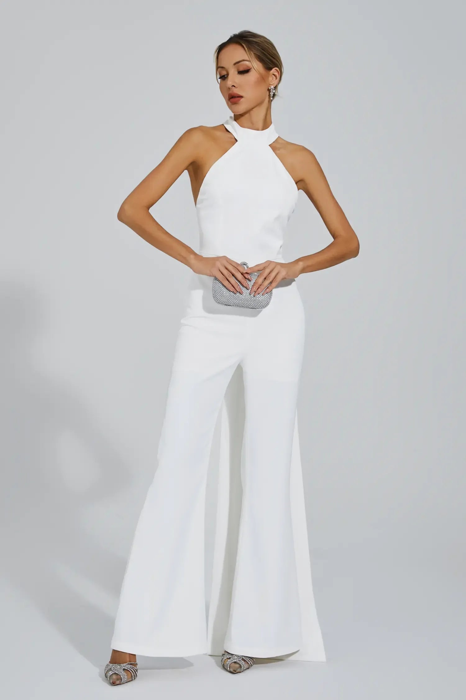 Cornelius White Backless Halter Jumpsuit