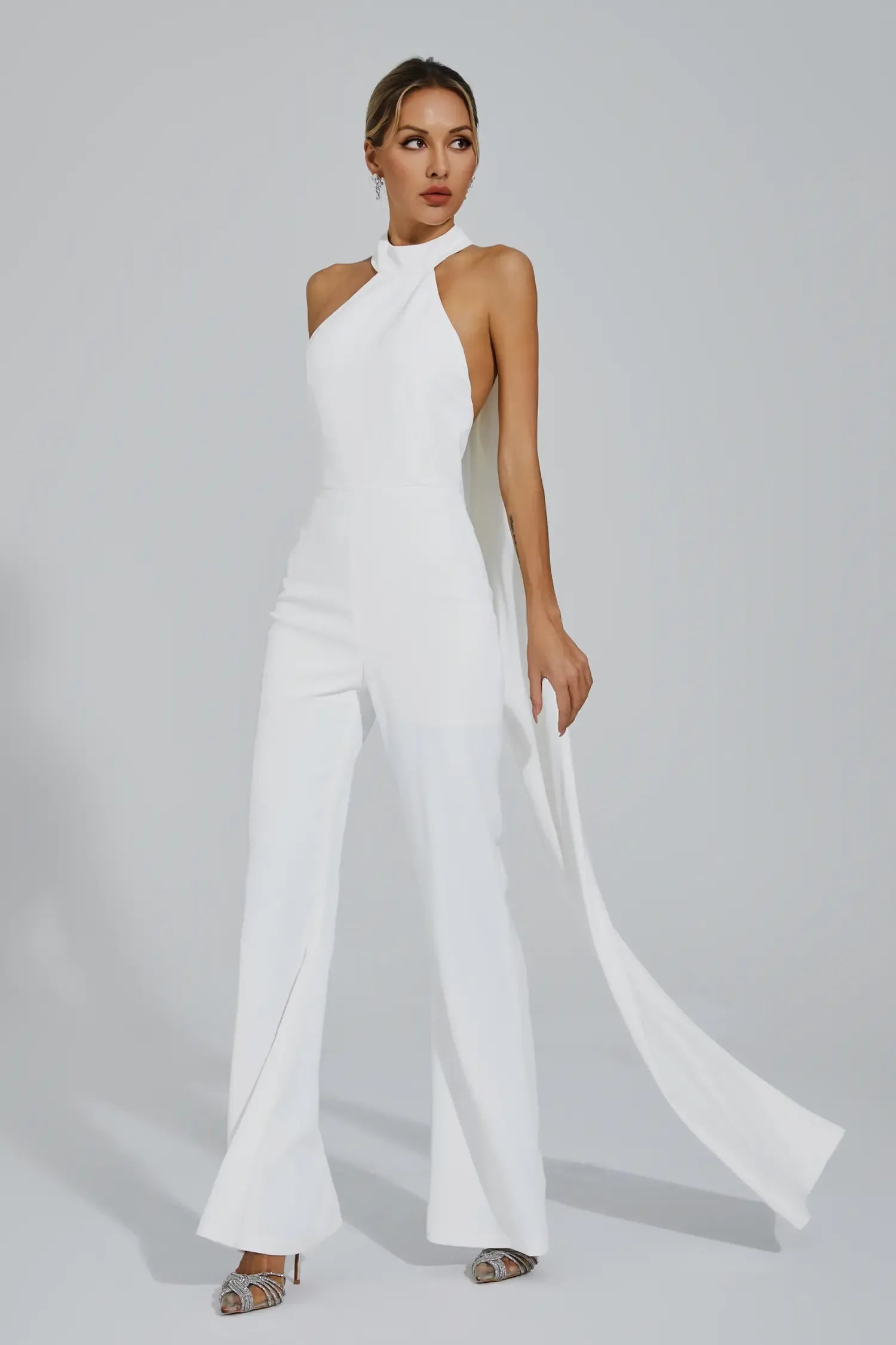 Cornelius White Backless Halter Jumpsuit